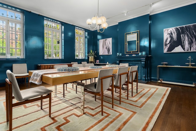 dining room with track lighting, a chandelier, wood finished floors, and ornamental molding