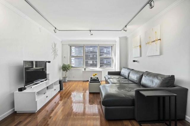 living room featuring track lighting, ornamental molding, and wood-type flooring