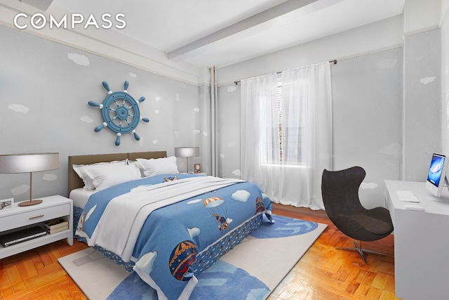 bedroom featuring beam ceiling and parquet flooring