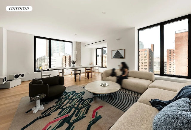 9 Chapel St Phb, Phb, New York City, NY 11201 - living area featuring a city view, wood finished floors, and a wall of windows