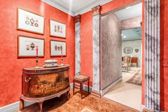 interior space with parquet flooring, ornamental molding, and vanity