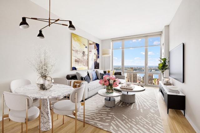 living room featuring a wall of windows, baseboards, and wood finished floors