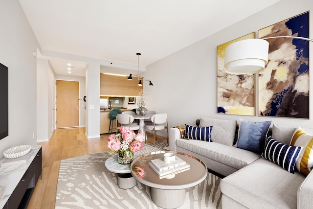 living room with baseboards and light wood-style floors