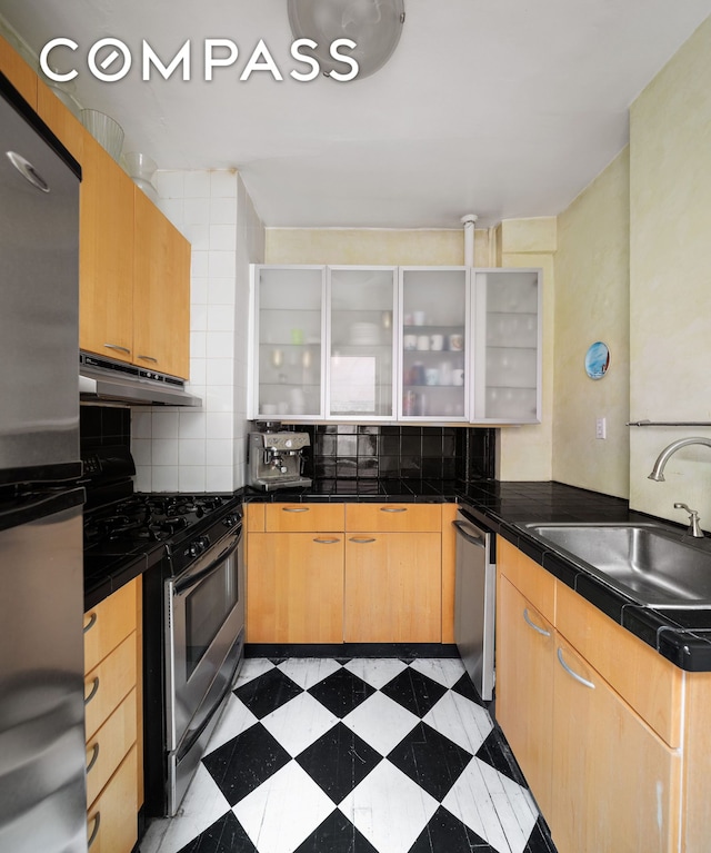 kitchen with tasteful backsplash, appliances with stainless steel finishes, light floors, under cabinet range hood, and a sink