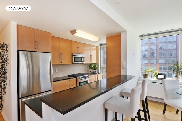 kitchen featuring stainless steel appliances, tasteful backsplash, light hardwood / wood-style floors, kitchen peninsula, and a breakfast bar