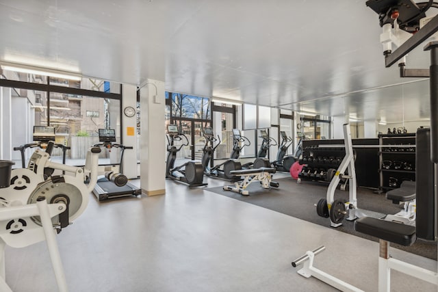 exercise room featuring floor to ceiling windows