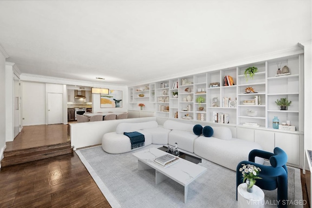 living room featuring dark wood-type flooring and crown molding