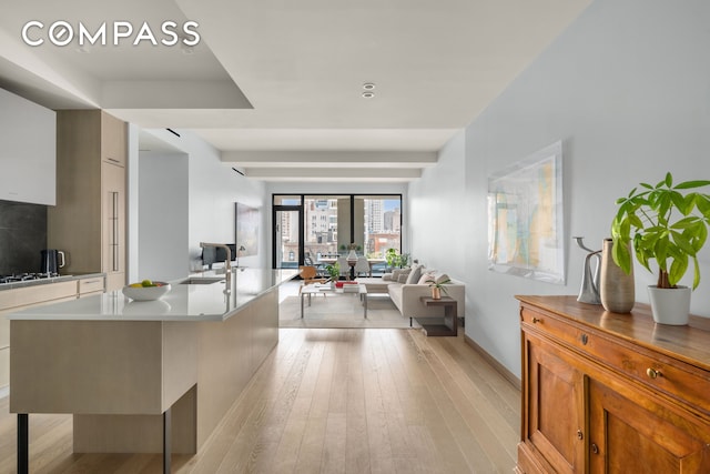 interior space with light wood finished floors, brown cabinetry, open floor plan, light countertops, and a sink