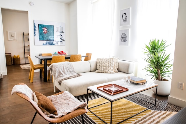 living area featuring baseboards and wood finished floors