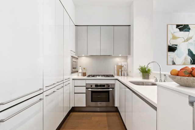 kitchen featuring white cabinets, dark wood-style flooring, stainless steel appliances, light countertops, and a sink