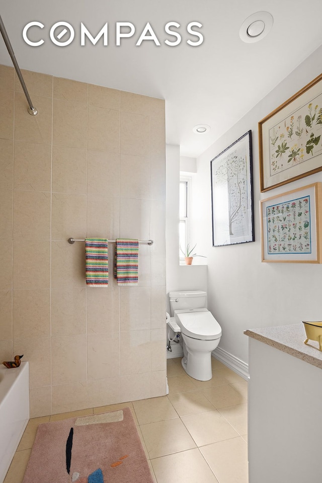 bathroom featuring tile patterned floors, a shower, toilet, and a tub