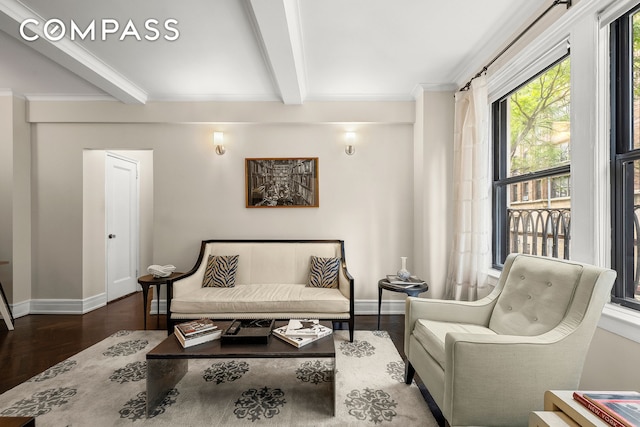 living area with beamed ceiling, baseboards, wood finished floors, and ornamental molding