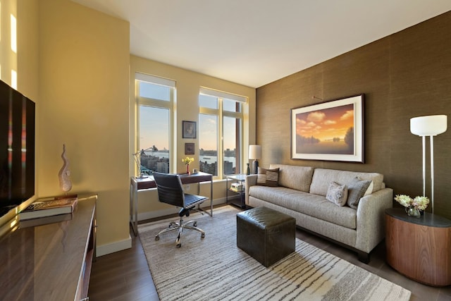 living room with dark wood-type flooring