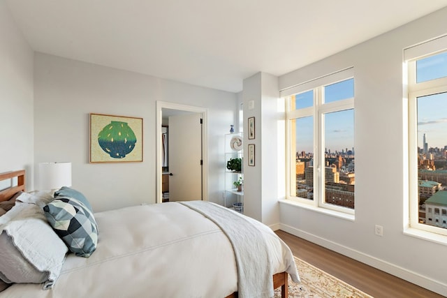 bedroom featuring a city view, baseboards, and wood finished floors