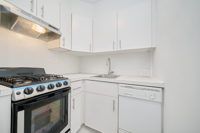 kitchen with white dishwasher, under cabinet range hood, white cabinetry, a sink, and gas stove