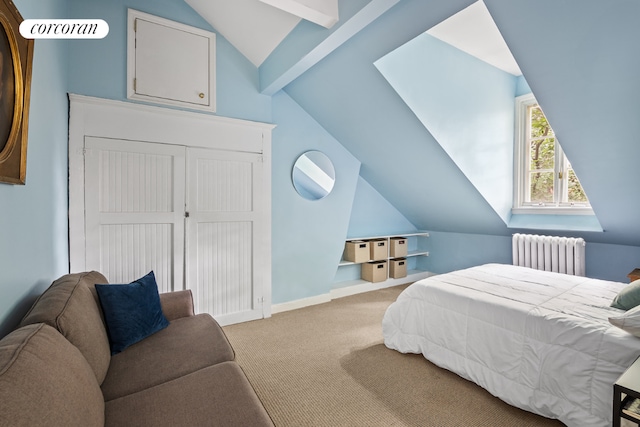 bedroom featuring vaulted ceiling with beams, radiator heating unit, baseboards, and light colored carpet