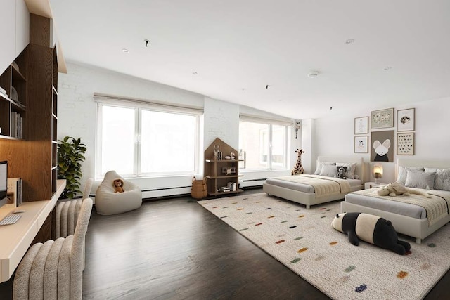 bedroom featuring hardwood / wood-style flooring, a baseboard radiator, and vaulted ceiling