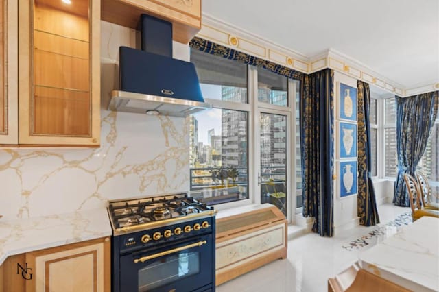 kitchen with exhaust hood, range with gas stovetop, and light stone counters