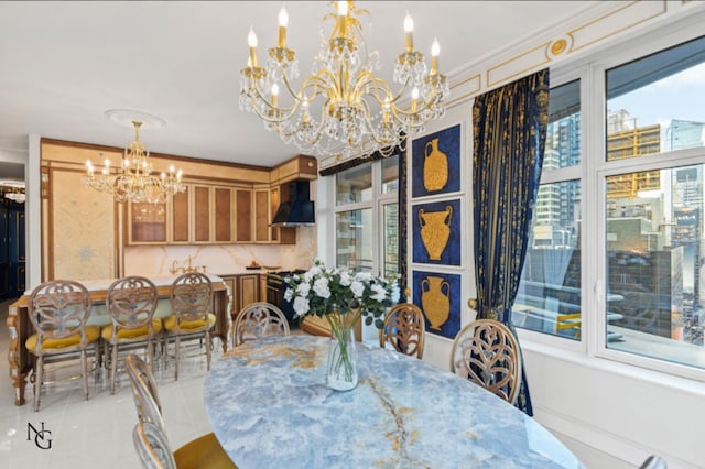 dining space with light tile patterned flooring, crown molding, and an inviting chandelier