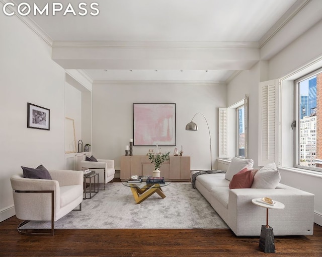 living room with dark wood-type flooring, ornamental molding, and a healthy amount of sunlight