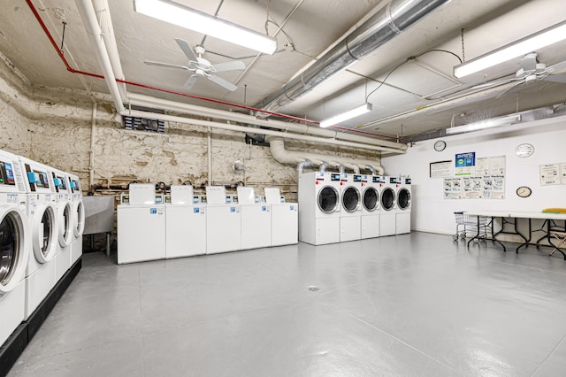 shared laundry area featuring washer and clothes dryer and a ceiling fan