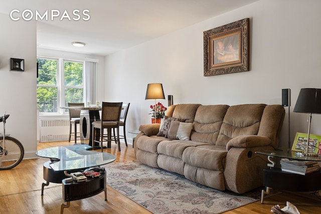 living area featuring baseboards, wood finished floors, and radiator heating unit