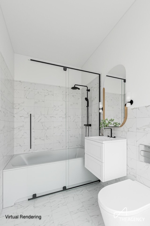 185 W End Ave Unit 25H, New York City, NY 10023 - bathroom featuring  shower combination, vanity, marble look tile flooring, and tile walls