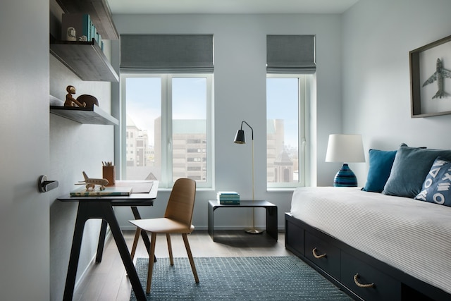 bedroom with baseboards, multiple windows, a city view, and wood finished floors