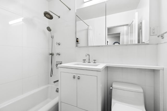 full bathroom featuring toilet, backsplash, shower / bath combo with shower curtain, tile walls, and vanity