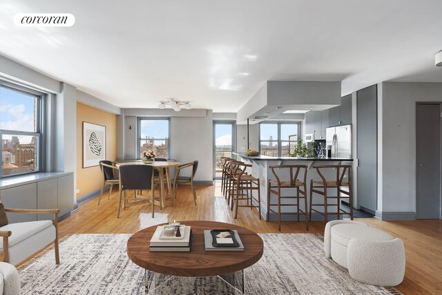 living room featuring a wealth of natural light and light hardwood / wood-style floors