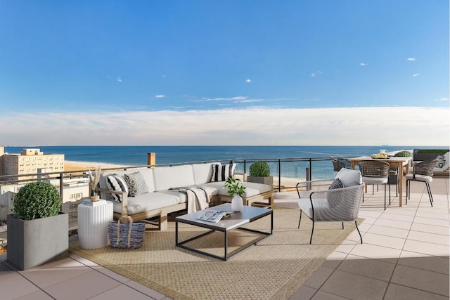 view of patio featuring an outdoor living space, a balcony, a water view, and a beach view