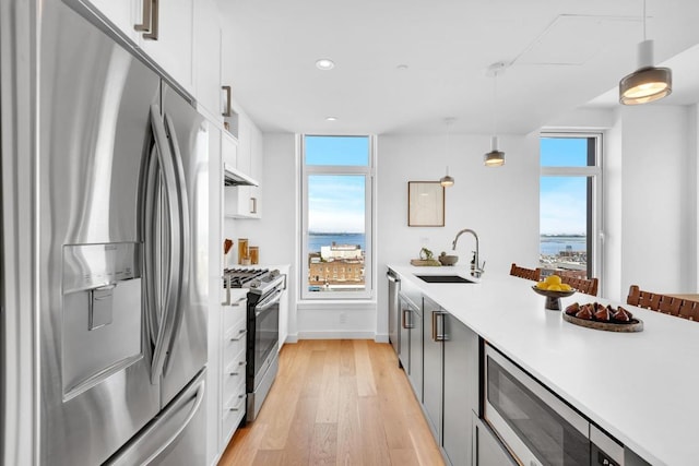 kitchen with appliances with stainless steel finishes, a wealth of natural light, white cabinetry, sink, and hanging light fixtures