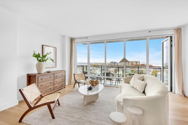 living room with a wealth of natural light and light hardwood / wood-style flooring