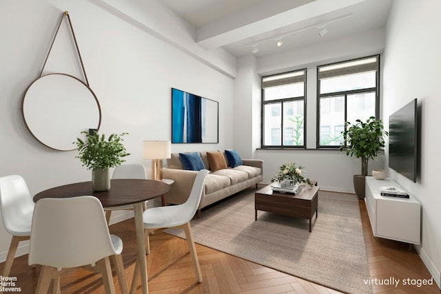 living room featuring parquet floors