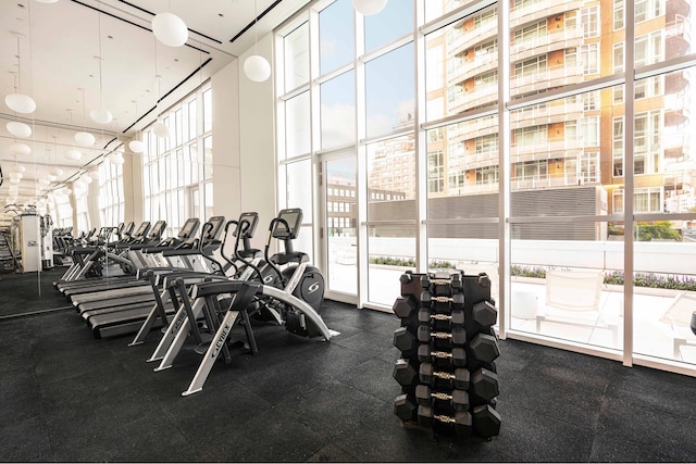 gym featuring a wall of windows