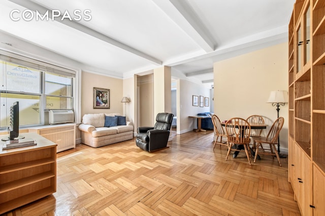 living room featuring beam ceiling, radiator, and baseboards