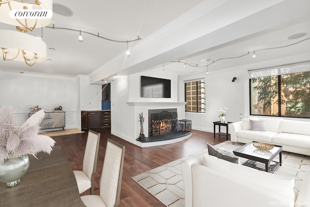 living area featuring a warm lit fireplace, baseboards, ornamental molding, hardwood / wood-style floors, and track lighting