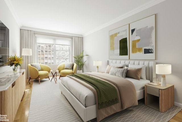 bedroom featuring wood finished floors, baseboards, and ornamental molding