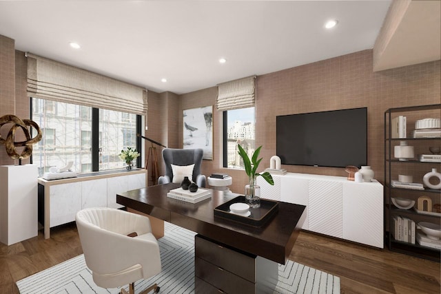 home office with recessed lighting and wood finished floors