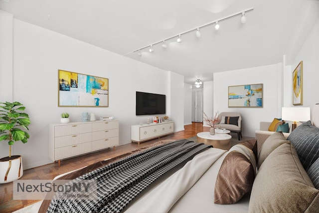 living room with parquet flooring