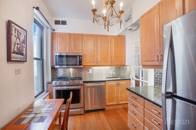 kitchen featuring sink, dark stone countertops, backsplash, stainless steel appliances, and light wood-type flooring