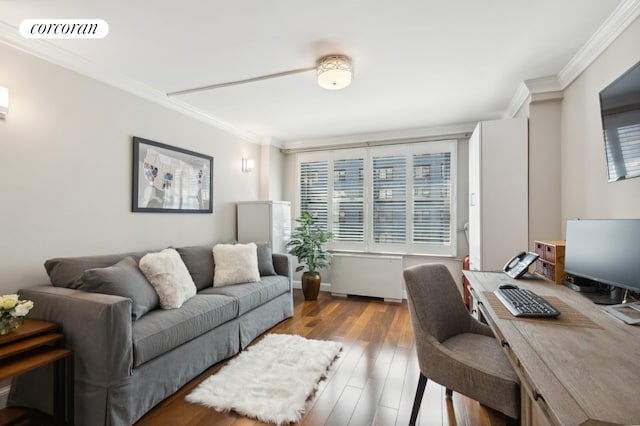 home office featuring crown molding and hardwood / wood-style flooring