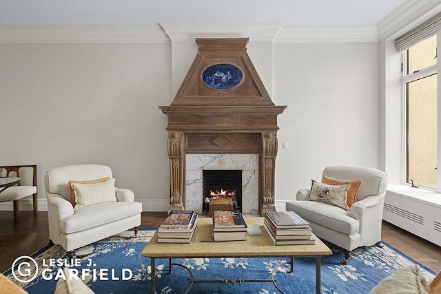 sitting room featuring hardwood / wood-style floors, ornamental molding, and a premium fireplace