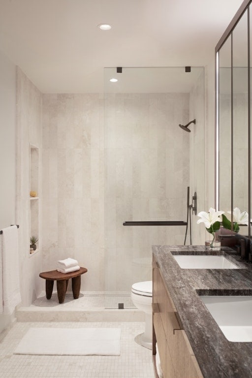 bathroom featuring vanity, toilet, tile patterned flooring, and walk in shower