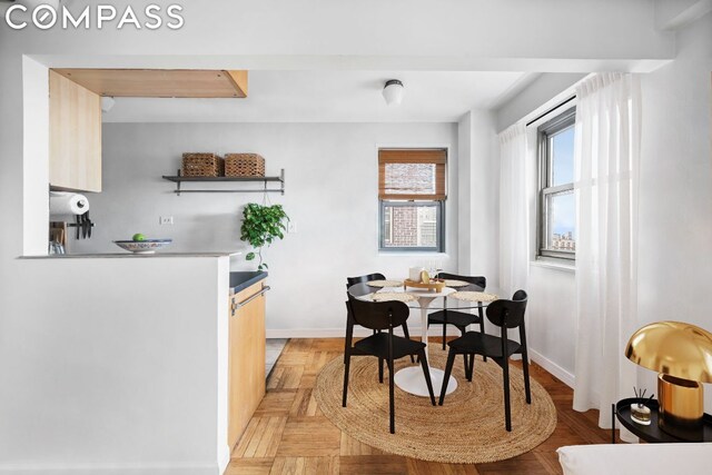 dining area featuring light parquet flooring