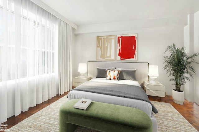 bedroom with dark wood-type flooring