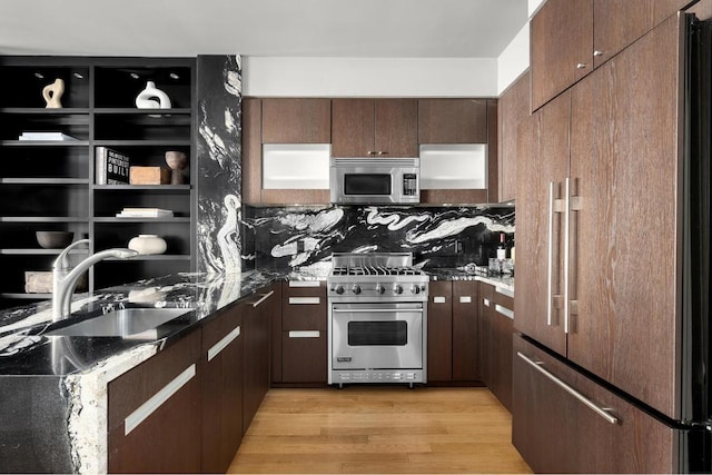 kitchen featuring dark brown cabinetry, dark stone countertops, light hardwood / wood-style floors, sink, and high quality appliances