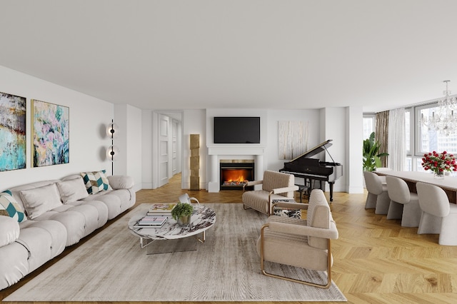 living room featuring light parquet flooring