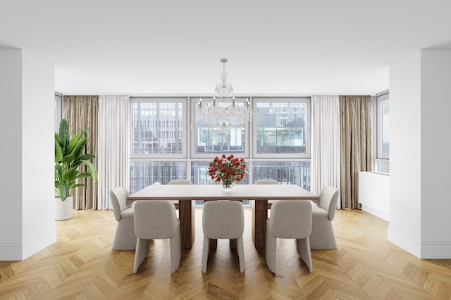 dining space featuring expansive windows, light parquet flooring, and a notable chandelier