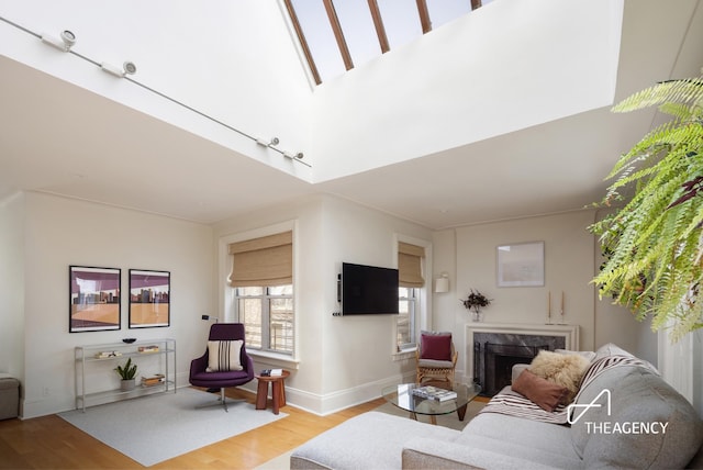 living area with a fireplace, baseboards, and wood finished floors